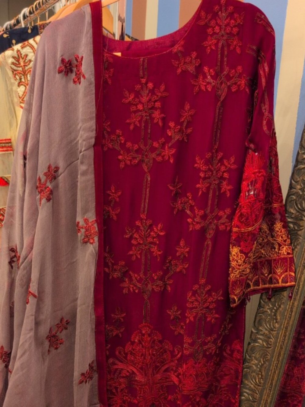 Red Salwar Suit Indian Outfit Floral Embroidery